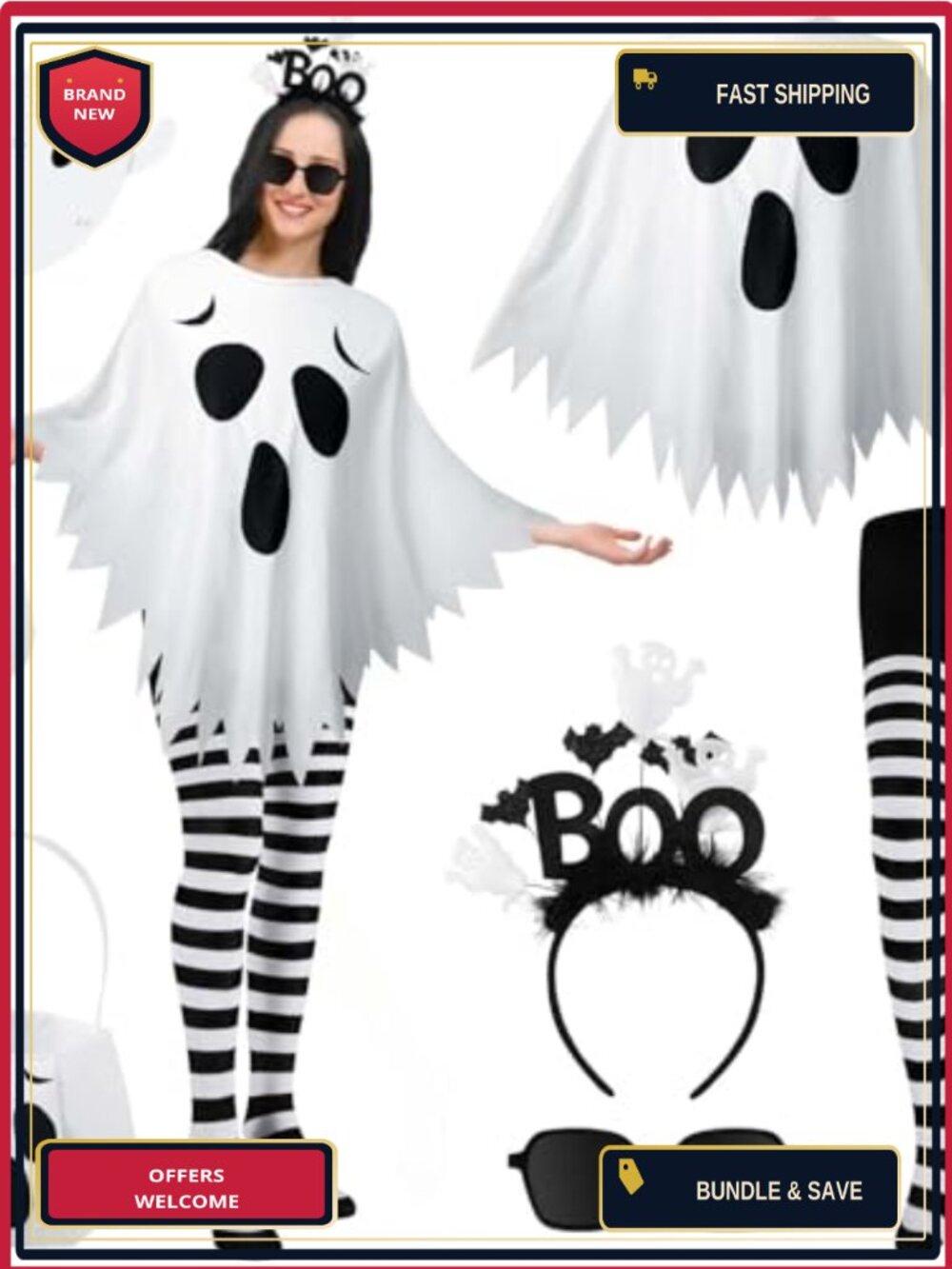 5 Pc Ghost Halloween Costume Kit Poncho Headband Tights Candy Bag Cosplay